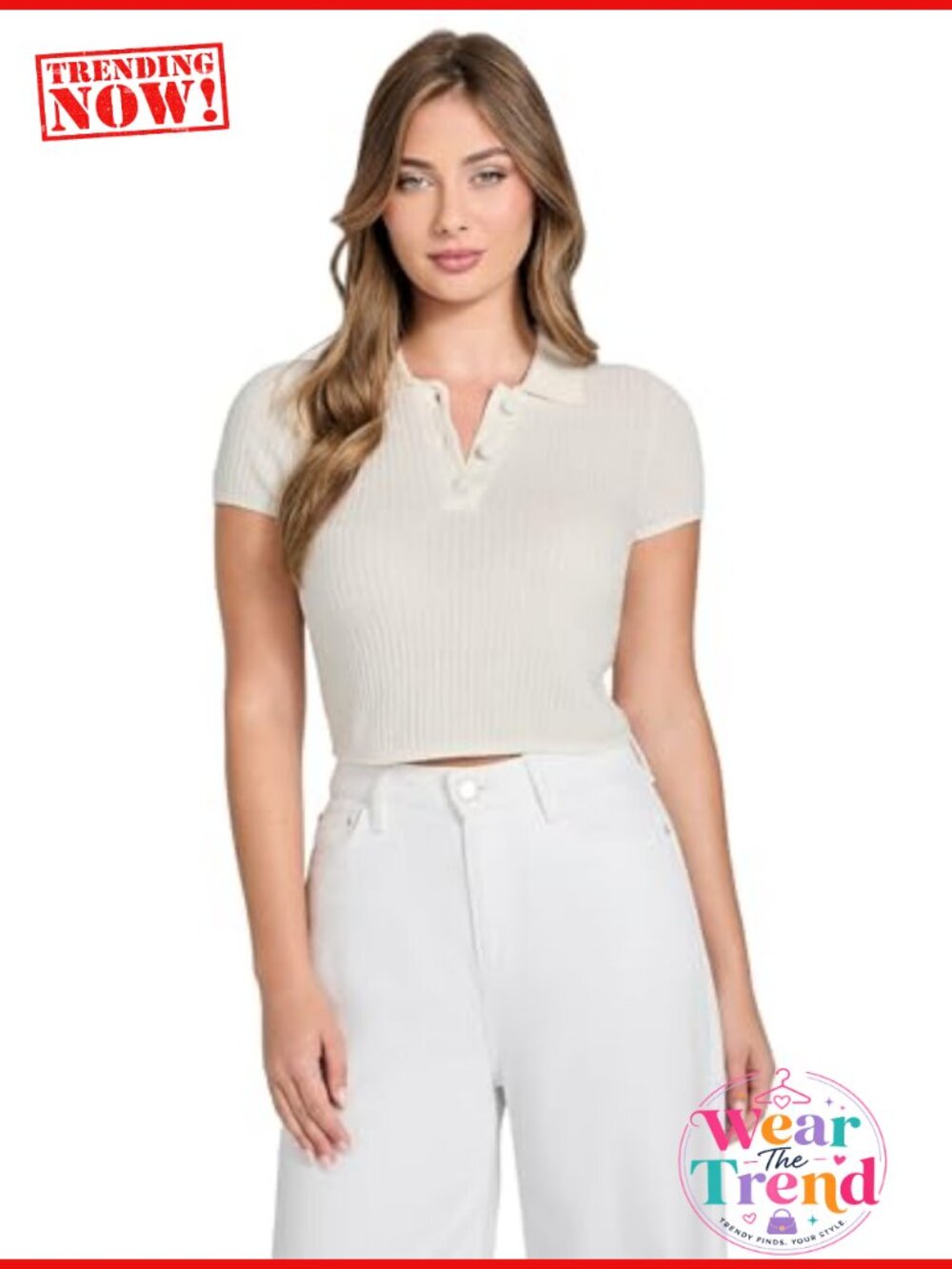 Chenille Crop Polo Sweater Short Sleeve Collared Button Top